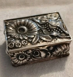 Boite pilulier décor Fleurs argent massif 925 Italien Shiné - Picture 1 of 7