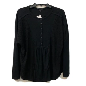 Gibson Look Top Womens Medium Black Waffle Knit Blouse Long Sleeve - Picture 1 of 4