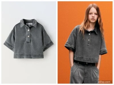 ZARA GIRL'S GRAY SHIRT 8-9 DENIM GRAY SNAPS COLLARED CROPPED 0327/607 NWT - Image 1 of 4