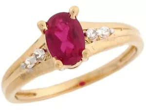 10k or 14k Real Yellow Gold Oval Simulated Ruby with CZ Accents Ring - Picture 1 of 1