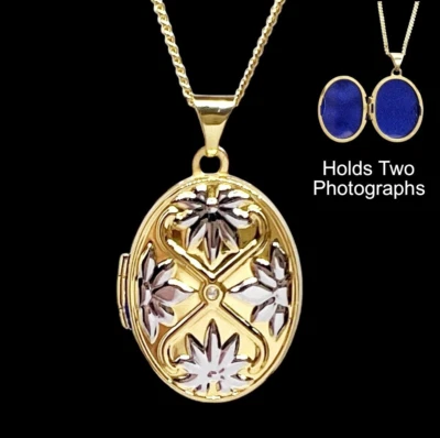 Lotus Flower Oval Locket Gold on 925 Sterling Silver 17 x 21mm Lockets 18" Chain - Image 1 of 4