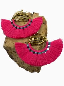 Statement Hot Pink Fan Tassel Earrings Gold Filled Brass Handmade Fashion Trendy - Picture 1 of 3