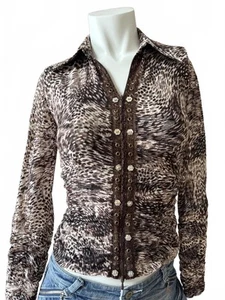 Alberto Makali transparentes Top mit Rüschen S braun Animalprint verziert Knopfleiste - Bild 1 von 4