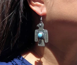 Navajo Earrings Thunderbird Signed Native American Handmade Jewelry Turquoise - Picture 1 of 10