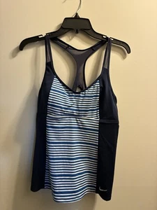 Nike Tank Top Shelf Bra Women's Large Blue Racerback Striped Insert Solid Sides - Picture 1 of 12