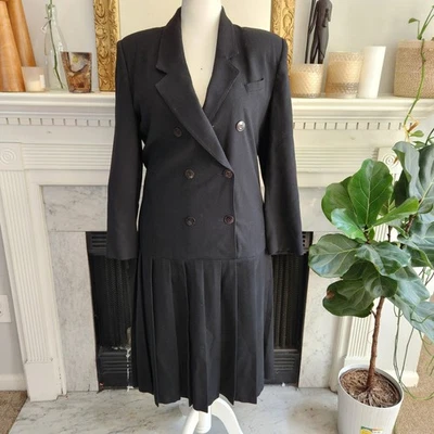 Vestido Blazer Negro De Colección Años 80 Lana Plisado Doble Pecho Corpcore Oficina Talla 14 Foto 1 de 4