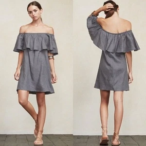 Reformation Tennessee Panama Gray Chambray Denim Ruffled Mini Dress Size Small - Picture 1 of 10