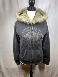 Vintage Aeropostale Hoodie Faux Fur Lined Women M Grey Sweatshirt Full Zip Y2K - Picture 1 of 13