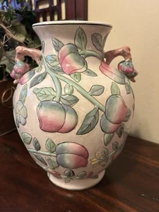 12" Andrea by Sadek Pastel Peaches Vase w /Handles~Signed Chinoiserie~9" wide - Picture 1 of 10