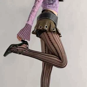Lolita Fishnet Tights Women’s Gothic Lace Mesh Pantyhose Striped Rattan Style - Picture 1 of 16