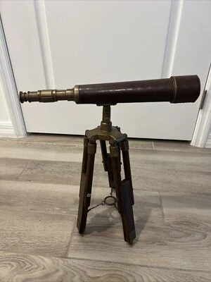 VINTAGE BRASS 17'' TELESCOPE WITH TABLE TOP WOODEN TRIPOD STAND. - Image 1 of 4