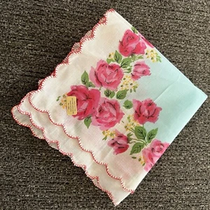 Turquoise Middle Hanky Pink Roses Scalloped Trim Wedding Hanky Cotton Sticker - Picture 1 of 3