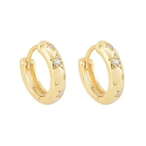 Orecchini Huggie Cerchio Stella Zirconi Argento Sterling Placcato Oro 18k - Foto 1 di 6