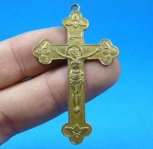 19TH ANTIQUE CHRIST CRUCIFIX CROSS PENDANT BRONZE CHARM RELIGIOUS MISSION - Picture 1 of 2