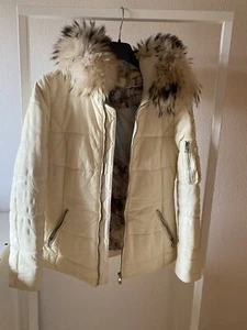 Winterjacke Damen dt. 36 Weiß-Gelb Jet Set Leder mit Pelzkragen an Kapuze - Bild 1 von 11