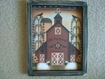 Primitive Country Print *OLD FARMSTEAD* black hand made frame 9 1/2" x 12"  - Image 1 of 3