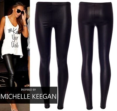 Black WET look LEGGINGS faux leather ladies stretch pant pvc trouser skiny shiny - Image 1 of 4