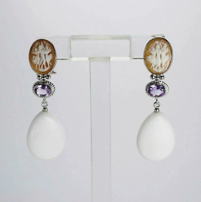 ORECCHINI IN ARGENTO 925  AMETISTA AGATA BIANCA E CAMMEI TRE GRAZIE   AGHT 0627A - Immagine 1 di 3