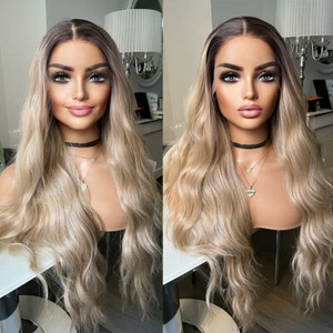 Hitzebeständiges Kunsthaar Long Wavy Kleberfreie Lace-Front-Perücken Aschblond - Bild 1 von 8