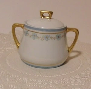 Weimar Germany vintage hand-painted sugar bowl: blue flowers w. gold gilt trim - Foto 1 di 9
