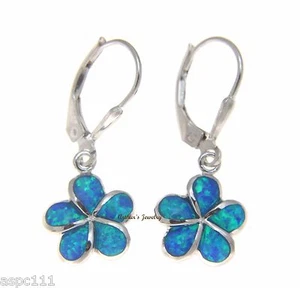 925 SILVER RHODIUM INLAY OPAL 15MM HAWAIIAN PLUMERIA FLOWER EARRINGS LEVERBACK - Picture 1 of 1