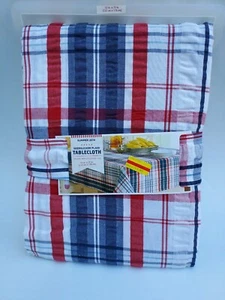 Tablecloth Red White And Blue Seersucker Plaid Usa Summer Cotton 52 x 70" Oblong - Picture 1 of 6