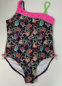 Girls OP Ocean Pacific One Piece Swimsuit Black Multi Hearts Size XL 14-16 - Picture 1 of 3