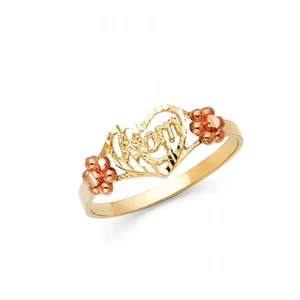 14K Solid Yellow Rose Gold Heart Mom Ring - Flower Number One Mother Band Women - Picture 1 of 1