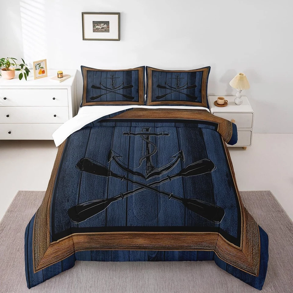 Lake Life Comforter Set Twin Size,Nautical Anchor Paddle Print Bedding Set fo... - Image 1 of 4