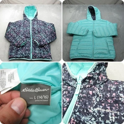 Eddie Bauer Girls Down Puffer Jacket Large 14/16 Teal Floral Hood Reversible - Image 1 of 4