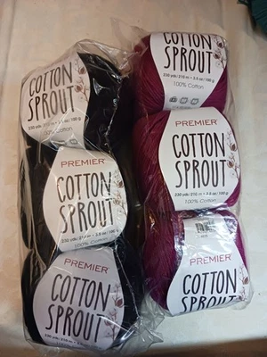 Lot of 6 Premier Cotton Sprout 100% Cotton Yarn 230 Yards 100g Magenta Black - Image 1 of 2