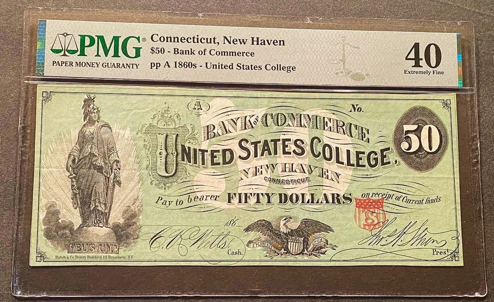 *STUNNING ADD NOTE* $50 1860'S "U.S. COLLEGE" NEW HAVEN, CONNECTICUT PMG XF/40 - Image 1 of 2