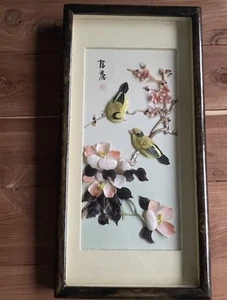 Vintage 3D Pearl Brand Dalian Asian Shell Art Birds & Cherry Blossoms Shadow Box - Picture 1 of 8