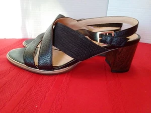 Clarks Cushion Plus Comfort Black Leather Sandal Shoes Ellis Tilda 8M Brown Heel - Picture 1 of 9