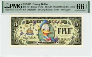 2005 $5 Disney Dollar Donald Duck (Bar Code) PMG 66 EPQ (DIS105) - Picture 1 of 2