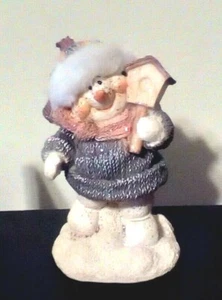 Sparkling Snowman Figurine Birdhouse Melamine Carrot Nose Fur On Hat 4" Tall - Picture 1 of 7