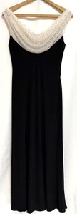 Abito Cachet Donna 8 Nero Panna Perline Scollo Cappuccio Abito Senza Maniche Maxi Foderato - Foto 1 di 7