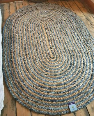 Denim Cotton Jute Oval 3 sizes Scandi Braided rug Reversible rustic BIG SALE - Image 1 of 4