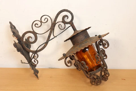 Antique Wrought Iron Porch Light Amber Glass Arts & Crafts Stunning Outdoor Lamp Cover