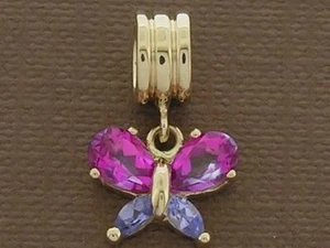 9ct Solid Gold Natural Tanzanite & Pink Topaz Butterfly Drop Dangle Bead Charm - Picture 1 of 3