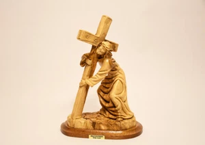 Hand Carved Olive Wood Jesus Holding the Cross Statue Jerusalem the Holy Land - Picture 1 of 1