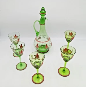Likör Set Glas Karaffe mit 5x Likör Gläser Grün handbemalt Höhe ca. 32 cm - Picture 1 of 13