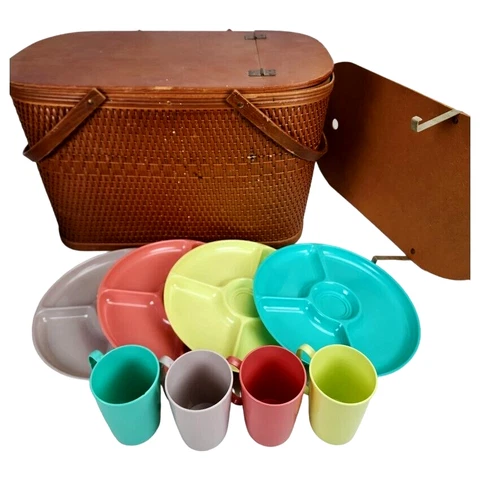 Burlington Hawkeye Picnic Basket Gothamware Plates Cups Divider 20+" Mid Century Cover
