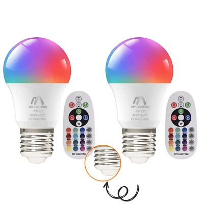 RGB LED Bulbs 7W E27 with Remote | Dimmable | 16 Colours + Warm White | 2 Pack - Image 1 of 4