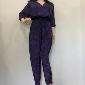 Vtg 80s L. A. Gal Jumpsuit Ruched Waist Juniors Size 7 Purple Floral BOHO Calif - Picture 1 of 24