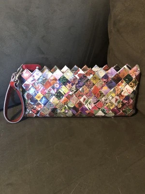 Nahui Ollin Floral Candy Wrapper Clutch Purse Red Clip Leather Strap Woven Style - Image 1 of 4