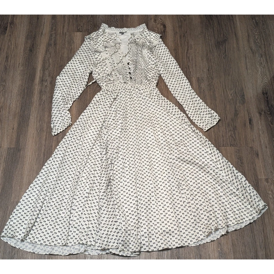Vestido midi Kathie K blanco negro estampado de lazo con volantes manga larga talla 0 hecho en EE. UU. Foto 1 de 4