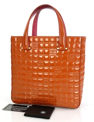 Authentic CHANEL Brown Chocolate Bar Patent Leather Tote Hand Bag #61476 - Image 1 of 4