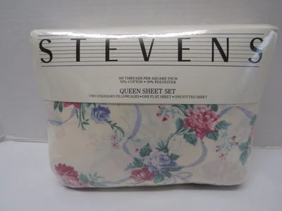 Vintage Stevens Queen Sheet Set Pink Blue Floral Roses Ribbon Made in the USA - Image 1 of 4