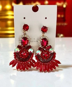 2.5” Long Red AB acrylic Crystals Statement Evening Earrings Drag Queen Pageant - Picture 1 of 3